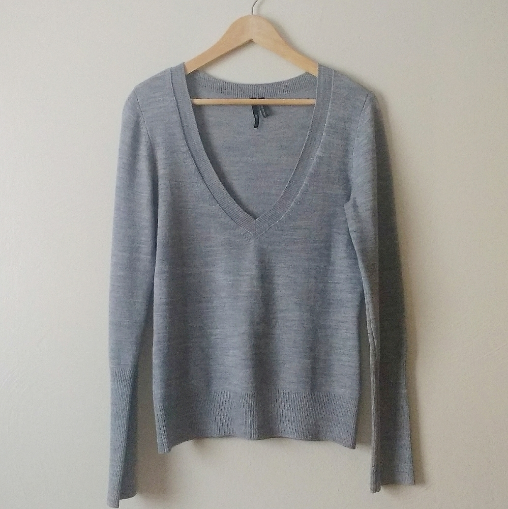 Take Out Gray Deep Plunge V-Neck Sweater